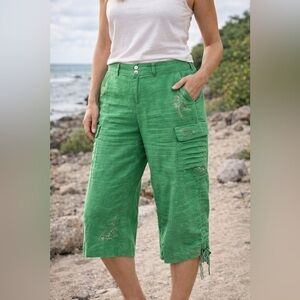 Gianni Bini Kelly Green Linen Embroidered Cropped Wide Leg Pants Size 10 Coastal